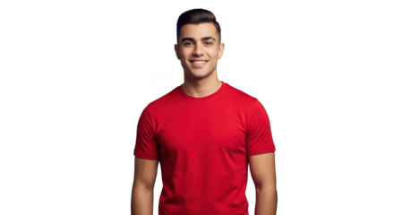 Young handsome man with short dark hair wearing a red t shirt smiling confidently isolated on transparent background