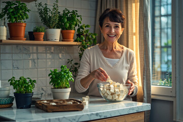 A smiling woman in a bright kitchen stands by a window, holding a bowl of white cubes while surrounded by potted herbs and plants.