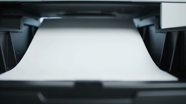 Close-up view inside a modern printer, paper feeding into the mechanism with soft lighting.
