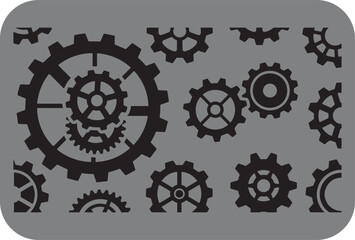 Intricate arrangement of black gears on a textured gray background symbolizing mechanical complexity and industrial design