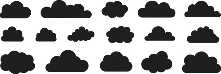 Collection of unique cloud silhouette icons in various shapes, perfect for weather, sky, and atmospheric themed vector art and design projects