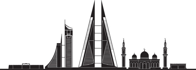 Obraz premium Bahrain Skyline Silhouette Vector Illustration with Landmark Buildings and Cityscape Design