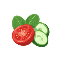 My Simple flat 2D icon tomato slice, cucumber slices, spinach leaf isolated on a white background, vector, flat design, animation design, vector, simple flat 2D icon, minimalist design, vector design