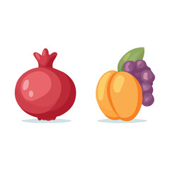 Mine a Flat modern vector design showing Pomegranate fruit and Grape Apricot, simple, minimal 2D food icon, isolated on a white background.