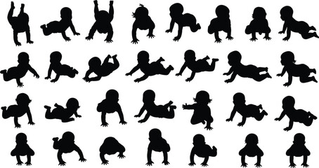 Set of Baby Silhouettes in Multiple Crawling and Playing Poses, Vector Illustration for Nursery, Parenting, Childcare, and Design Projects