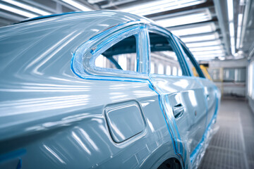 Naklejka premium Newly manufactured luxury car in an automated assembly line