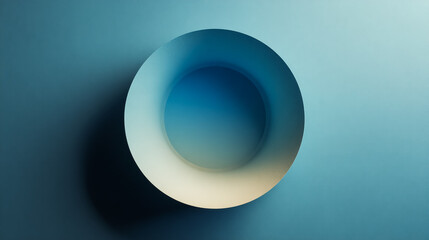 Round gradient form floats on blue. Use for abstract design, tech marketing, or web backgrounds. Visualizes depth, softness, fluidity, space.