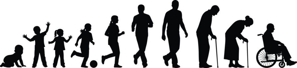 Silhouette Illustration Depicting Human Life Stages from Infancy to Old Age, Symbolizing Growth, Development, Aging, and the Journey of Life