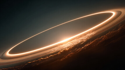 Planet with Golden Rings Shines. Sci-fi concept, design element. Space exploration, astronomy. Use in web design, marketing materials, editorial.