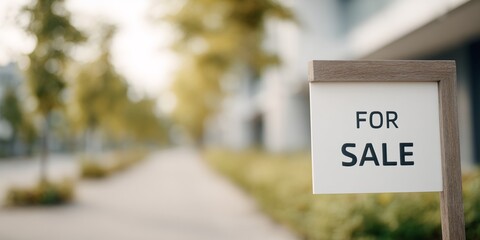 Sign for sale is posted on a wooden post in front of a house