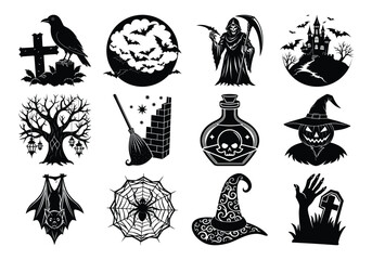 Collection of spooky halloween icons and symbols including a witch, grim reaper, haunted castle, spooky tree, potion bottle, and spider web isolated on white background