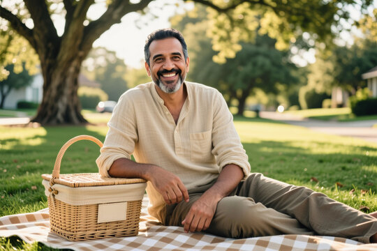 A middle-aged man with a warm smile sits on grass beneath a tree, leaning against a picnic basket and checkered blanket.