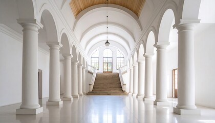 Grand white hall with arches and stairs