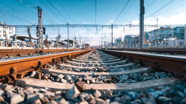 Close-up view of railway tracks extending into the distance on a clear sunny day