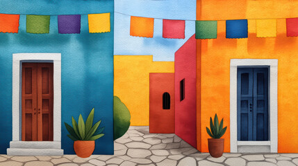 A vibrant, colorful street scene featuring two contrasting buildings and decorative papel picado banners against a clear blue sky.
