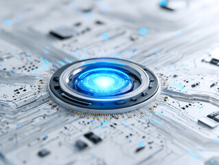 Advanced futuristic chip with glowing blue core on a high-tech circuit board