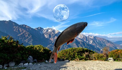 Fish leaping, moonlit mountains