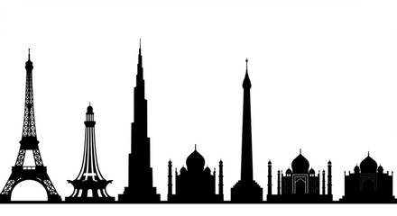 Naklejka premium Iconic global landmarks skyline silhouette travel tourism concept famous architecture collection