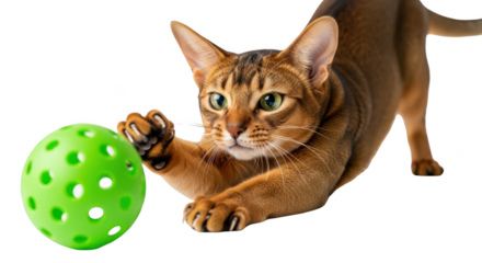 Playful abyssinian cat reaching for a bright green perforated toy ball isolated on transparent background