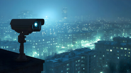 Night City Surveillance: Security Camera overlooking Illuminated Urban Landscape