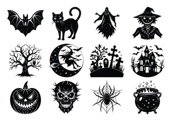 Collection of spooky halloween icons and symbols including a bat, black cat, witch, scarecrow, haunted tree, moon with witch, graveyard, haunted house, pumpkin, skull, spider, and cauldron
