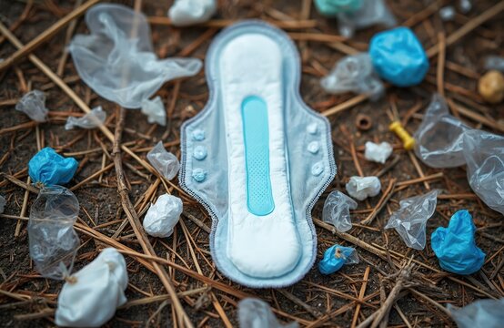 Sanitary pad lies on dry grass in scattered plastic waste, environmental pollution, impact of disposable products. Image highlights concerns about sustainability, hygiene, planet health.