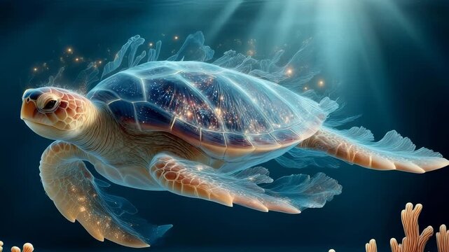 Underwater scene, turtle swimming through water, bubbles, dim lighting, shades of blue, green, gray - AI-Generated