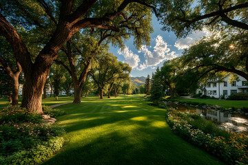 Naklejka premium Peaceful park scene with tall trees, manicured lawn, a reflective stream, and a charming white house under a golden sunset sky with mountains in the background. 