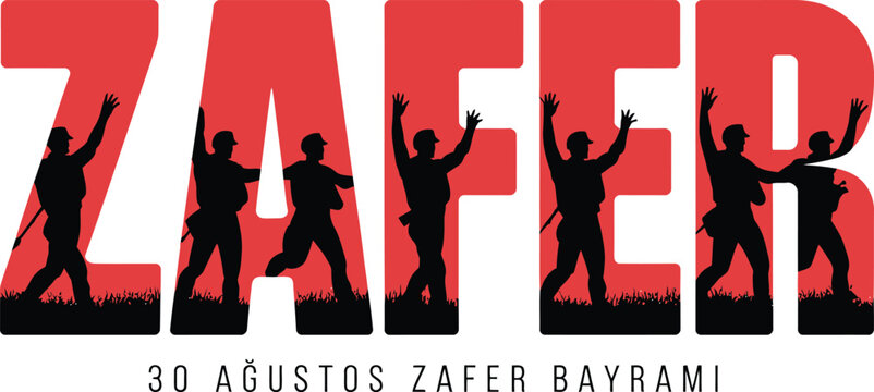 Vector art of zafer bayrami victory day banner with soldiers silhouettes and text on white