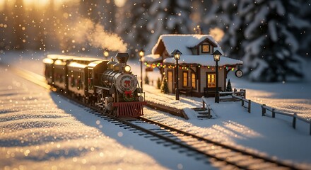 Miniature vintage steam train passing snowy holiday station with festive lights