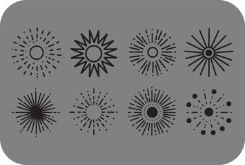Collection of eight stylized black sunburst and starburst graphic elements on a gray background
