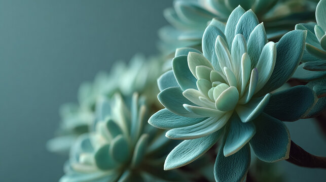 Close-up shows teal succulent plants, symbolizing growth, resilience. Perfect for web design, blog, or marketing.