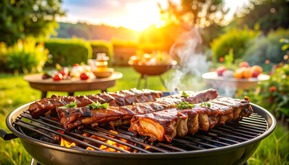 Delicious BBQ Ribs Grilling on Charcoal Grill at Sunset Summer Garden Party