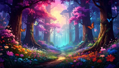 Obraz premium A vibrant, fantastical forest path bathed in colorful light