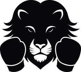 Lion boxer silhouette with boxing gloves isolated on white background