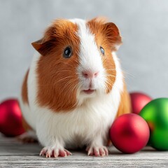 Adorable guinea pig with brown and white fur, surrounded by colorful ornaments, creating a festive atmosphere perfect for holiday-themed pet photography and cheerful moments
