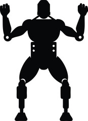 Muscular robot silhouette with arms raised isolated on white background