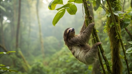 Fototapeta premium capture-a-sloth-hanging-from-rainforest-vines-
