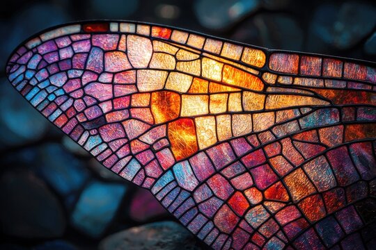 Close-up of a colorful, intricate butterfly wing with a mosaic-like pattern and glowing, vibrant hues - Powered by Adobe