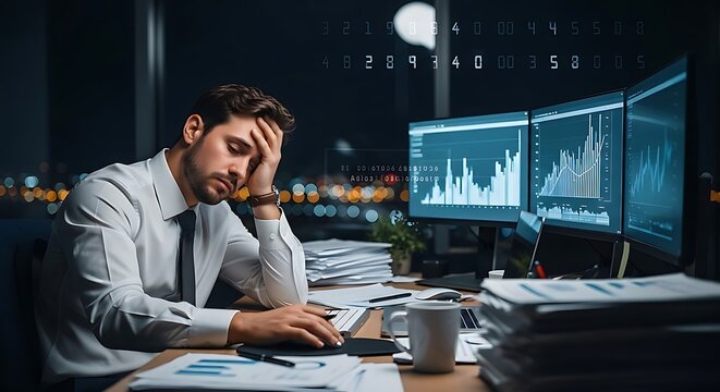 Exhausted businessman with data and financial charts on monitors