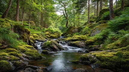 Fototapeta premium A meandering stream flows through a verdant forest, surrounded by lush greenery including mossy rocks and towering trees