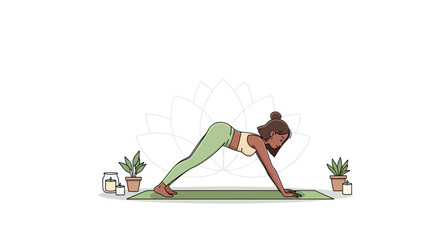 A dark-skinned woman with a bun in High Plank pose on a green yoga mat, with potted plants and lit candles on either side.

