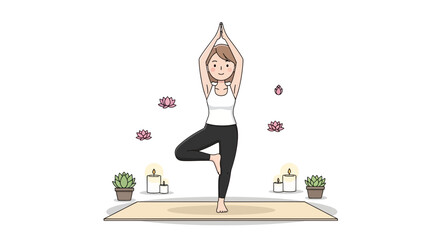 A fair-skinned woman in a white top and black leggings performs Tree Pose with hands raised, surrounded by succulents, candles, and lotus flowers.

