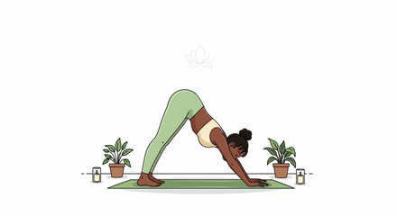 A dark-skinned woman with a bun in Downward-Facing Dog pose on a green yoga mat, with potted plants and lit candles on either side