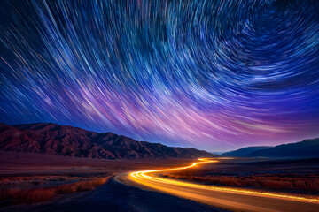 Star trails over a mountain landscape with a glowing winding road at night