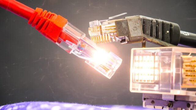 Ethernet Cable Connecting to Network Switch with Glowing Data Transfer Effect