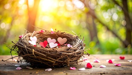 Crafted nest filled with colorful hearts sits on a wooden table in a sunlit garden during spring afternoon