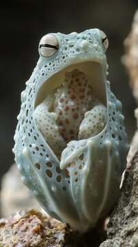 Vibrant Green Frog Calling on Rock