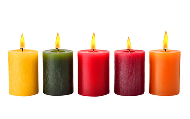 Five colorful pillar candles burning on white background isolated on a transparent background