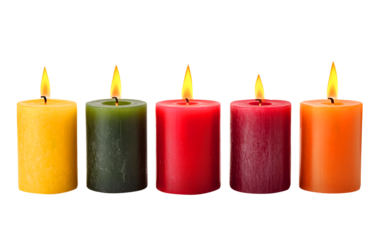 Five colorful pillar candles burning on white background isolated on a transparent background
